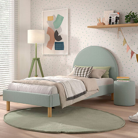 Lit 90x200 cm avec 1 chevet en tissu bouclé vert clair - LUNA