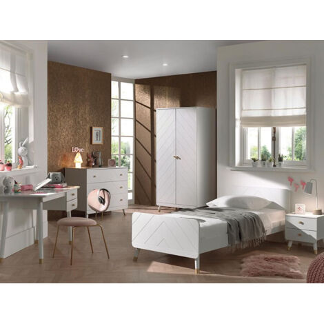 Lit 90x200 cm avec chevet et bureau blanc - GAMAY