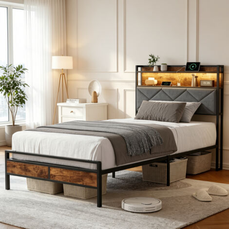 Lit 90x200 cm avec sommier métal, Lit simple avec tête de lit rembourrée et espace de rangement sous le lit, Lit 1 Personne avec lumière LED et mutiprise, Style Vintage, Marron