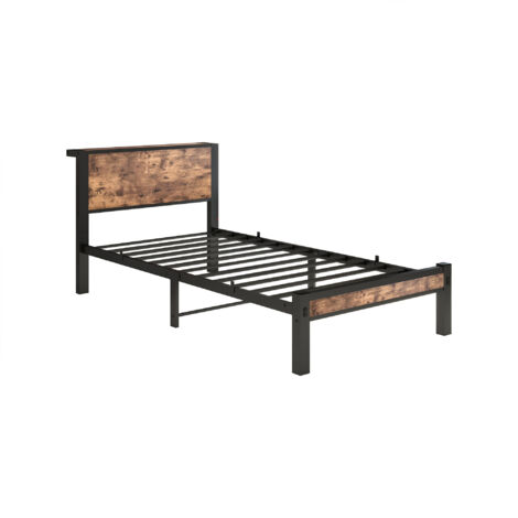 Lit 90x200 cm avec sommier métallique, tête de lit de rangement, silencieux, marron vintage