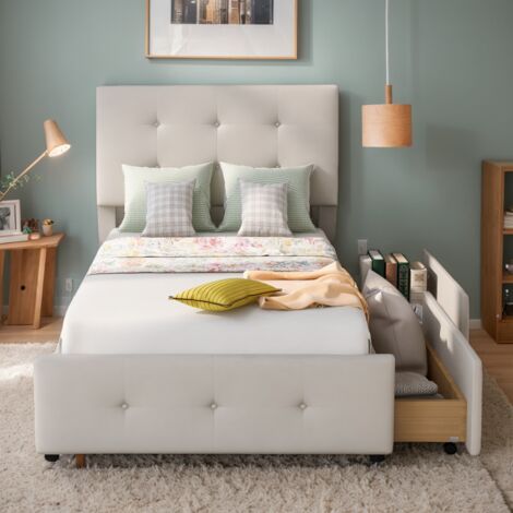 Lit 90x200 cm avec tiroirs,lit 1 Personne avec rangement,cadre de lit avec sommier à lattes,lit capitonné,tête de lit réglable en hauteur,beige