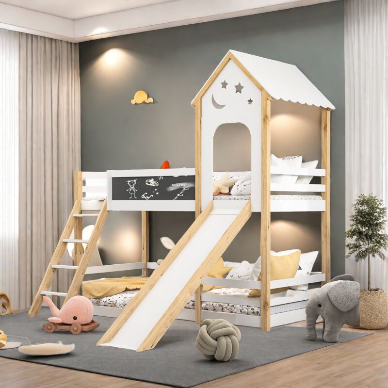 Sureh - Lit 90X200 cm avec toboggan,lit superposé enfant avec toboggan,tableau noir,barrière de lit,lit mezzanine 2 places,lit cabane enfant,blanc