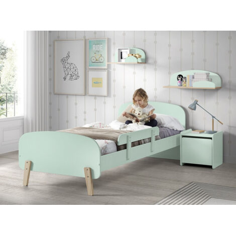 Lit 90x200 cm + barrière de lit + chevet en pin vert-menthe - KIDLY