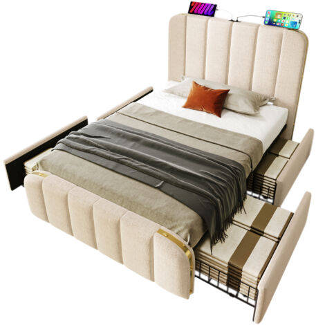 Lit 90x200 cm en lin beige avec sommier à lattes, 4 tiroirs et ports USB/Type-C, cadre métal