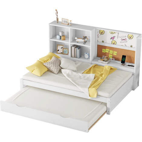 Lit 90x200 cm en pin et MDF blanc avec lit gigogne, prise + USB, tableau blanc et rangements