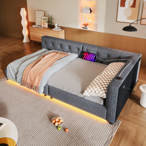 Lit 90x200 cm - LED télécommande, USB/Type-C - tissu en lin gris - sans matelas