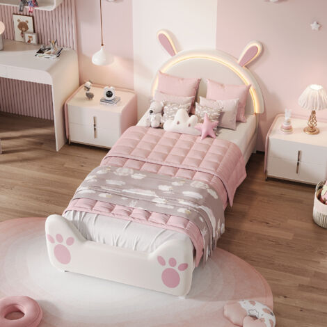 Lit 90x200 cm - Lit Enfant 90 Rembourré - Tête de Lit Lapin avec LED Multicolores - Créatif DIY Stickers - Velours Beige Rose