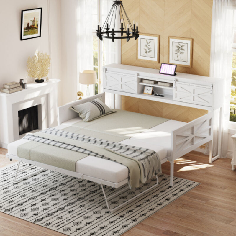 Lit 90x200 cm - lit escamotable avec de nombreux rangements et prises - en métal - blanc - sans matelas