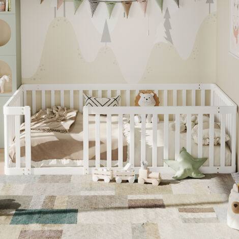 Lit 90x200 cm, sommier en bois blanc avec barrière de protection