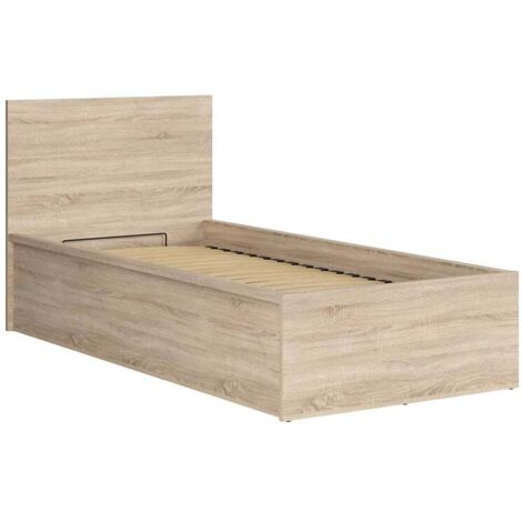 Lit 90x200 Lit 1 place avec sommier et rangement, coloris chêne Sonoma - Longueur 204,5 x Profondeur 99 x Hauteur 95/40,5 cm