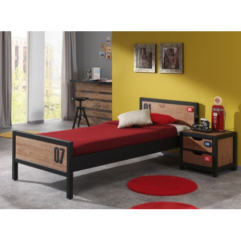 Lit 90x200 sommier inclus et Chevet 2 tiroirs Vipack Alex - Noir et Bois