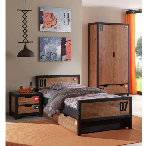 Lit 90x200 sommier inclus - Tiroir de lit - Chevet 2 tiroirs et Armoire 2 portes Vipack Alex - Noir et Bois