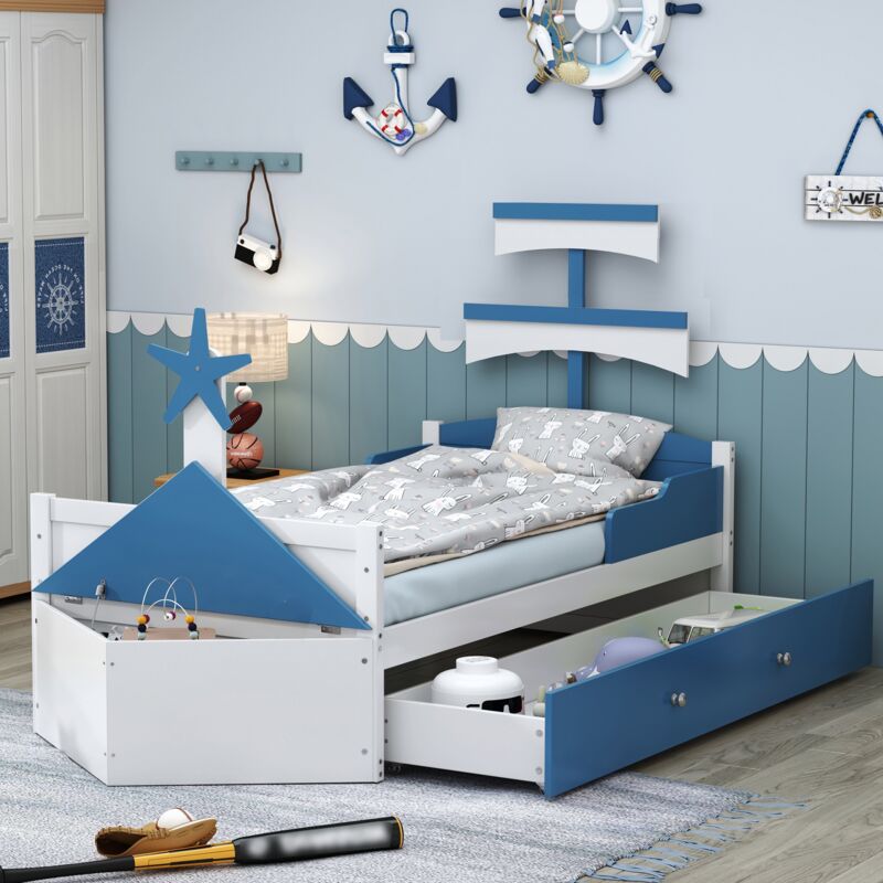 Lit 90x200 cm, avec 2 tiroirs de rangement, tête de lit en forme de bateau à voile, sommier à lattes en bois, lit princesse simple de rangement - Bleu