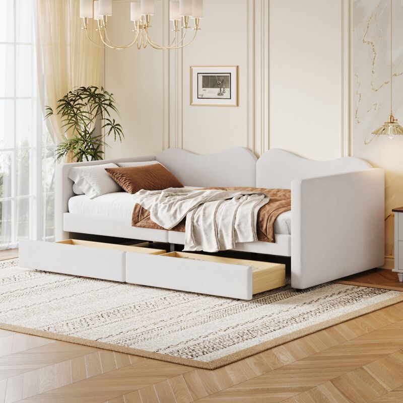 Dans Les Nuages - Lit 90x200 cm, avec 2 tiroirs, sommier à lattes en bois, cadre en métal, canapé-lit de rangement, lit enfants en sherpa - Blanc