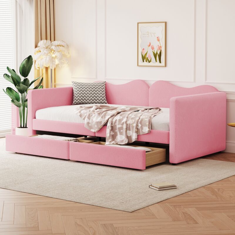 Dans Les Nuages - Lit 90x200 cm, avec 2 tiroirs, sommier à lattes en bois, cadre en métal, canapé-lit de rangement, lit enfants en sherpa - Rose