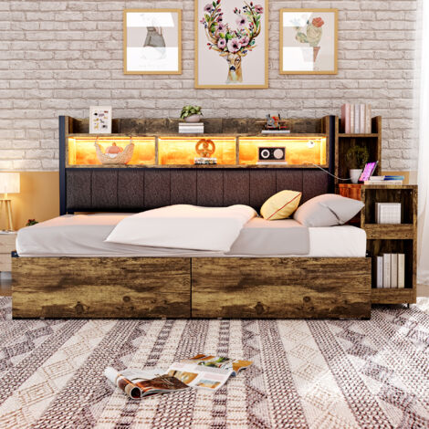 Lit 90x200cm - Avec Bureau Escamotable et Rangements Multiples - Prises Intégrées - Structure Métal - Capacité 120kg - Blanc et Bois