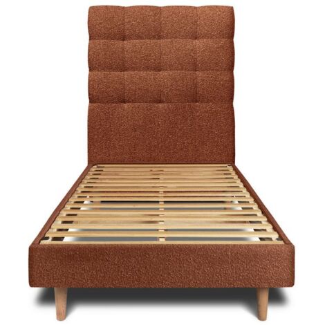 Lit 90x200cm avec tête de lit capitonnée bouclette et sommier kit Terracotta - Hauteur totale : 29cm