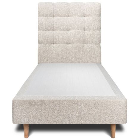 Lit 90x200cm avec tête de lit capitonnée bouclette et sommier tapissier beige - Hauteur totale : 35cm