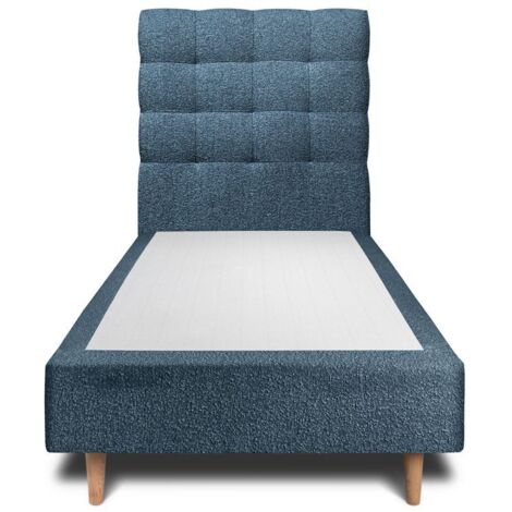 Lit 90x200cm avec tête de lit capitonnée bouclette et sommier tapissier Bleu - Hauteur totale : 35cm