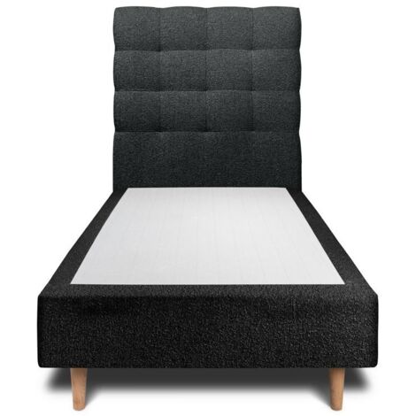 Lit 90x200cm avec tête de lit capitonnée bouclette et sommier tapissier Noir - Hauteur totale : 35cm
