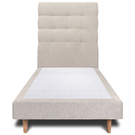 Lit 90x200cm avec tête de lit capitonnée tissu et sommier tapissier Beige clair - Hauteur totale : 29cm