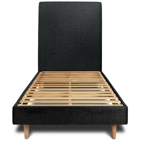 Lit 90x200cm avec tête de lit tapissier bouclette et sommier kit Noir - Hauteur totale : 29cm