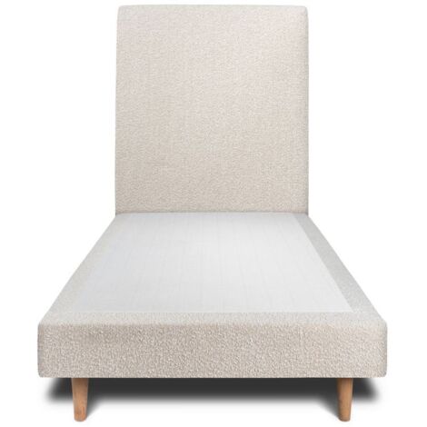 Lit 90x200cm avec tête de lit tapissier bouclette et sommier tapissier beige - Hauteur totale : 29cm