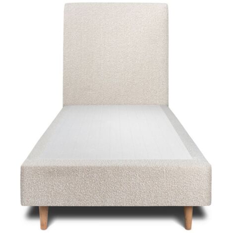 Lit 90x200cm avec tête de lit tapissier bouclette et sommier tapissier beige - Hauteur totale : 35cm