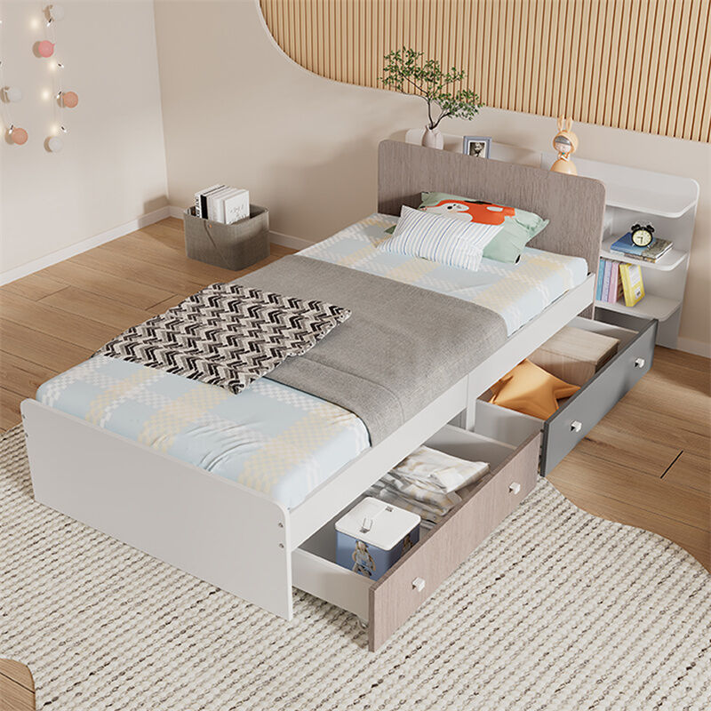lit 90x200cm, lit simple, avec étagères et 2 tiroirs, avec sommier à lattes et tête de lit, mdf, blanc + couleur orme clair + gris