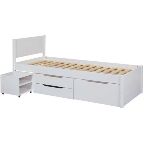 Lit 90x200cm multi-rangement en pin massif vernis blanc - EFECT