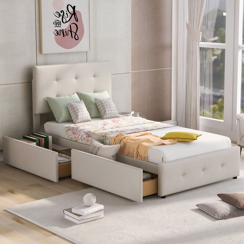 Lit 90x200cm rembourré en velours - avec 2 tiroirs et sommier à lattes - Beige