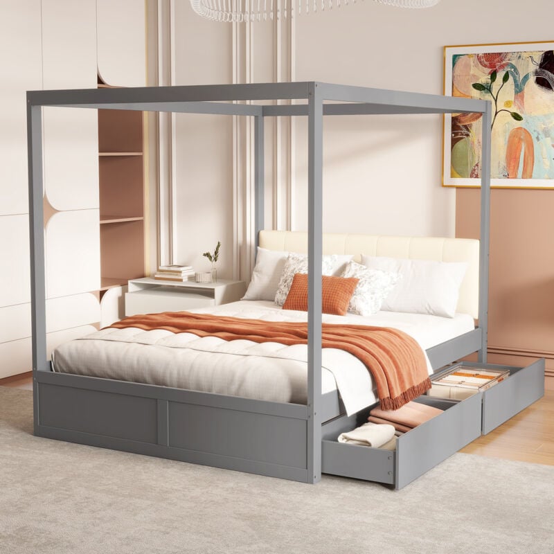 Okwish - Lit double 140x200 cm lit à baldaquin avec grands tiroirs et dossier moelleux, en bois massif, gris, sans matelas