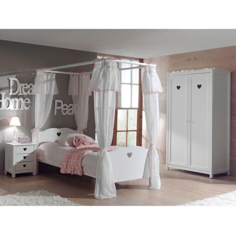 Lit à baldaquin 90x200 - Voile de lit - Chevet 3 tiroirs et Armoire 2 portes Vipack Amori - Blanc