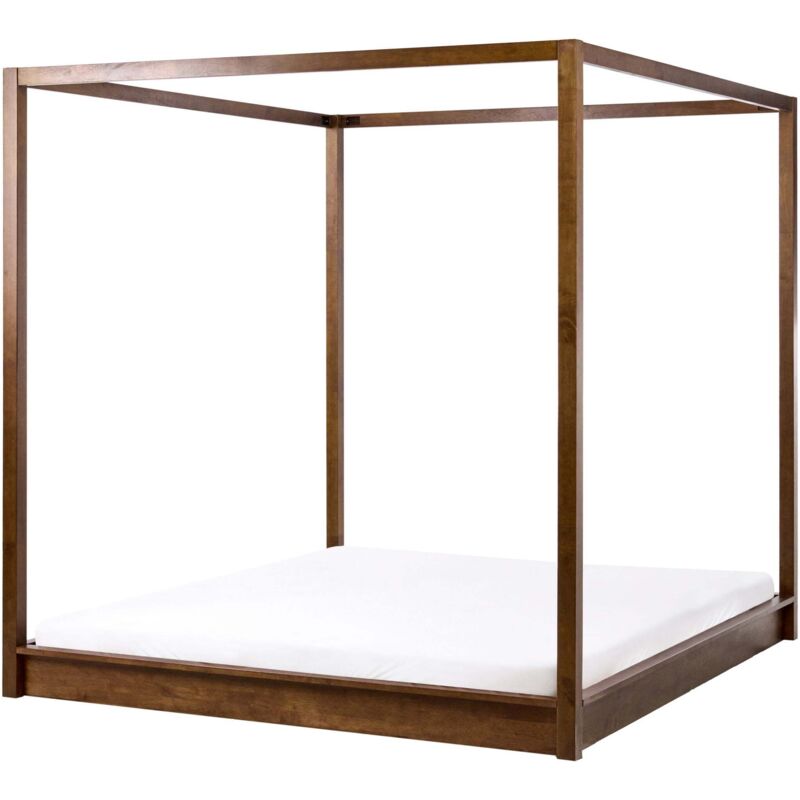 Lit à Baldaquin Minimaliste en Bois 180 x 200 cm Meuble de Chambre Marron Foncé Herliere