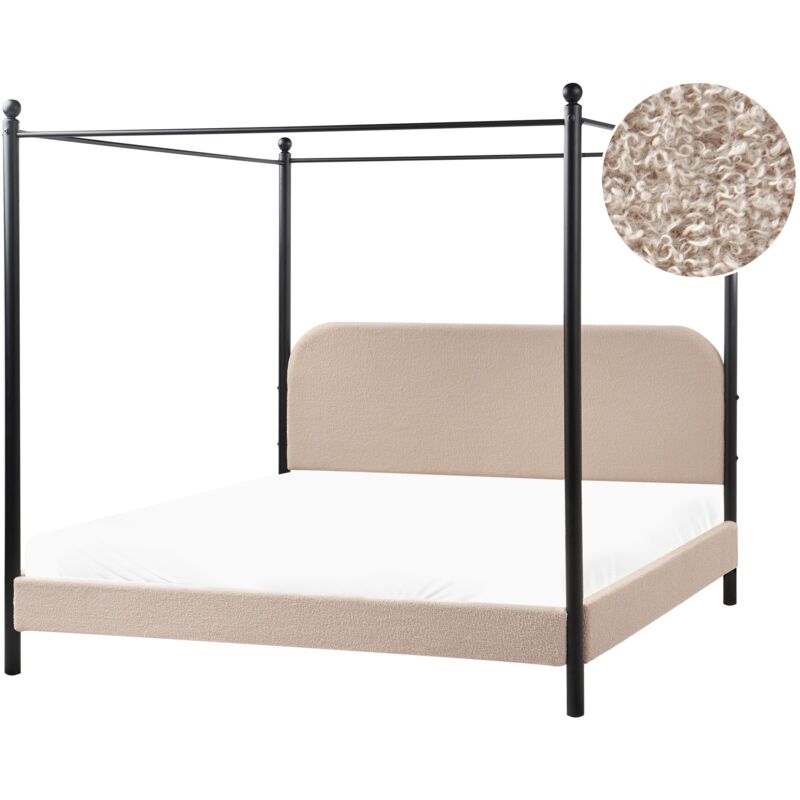 Beliani - Lit à Baldaquin Minimaliste en Bouclé 180 x 200 cm Cadre Métallique Noir Lattes Bois de Peuplier Taupe Dannemois
