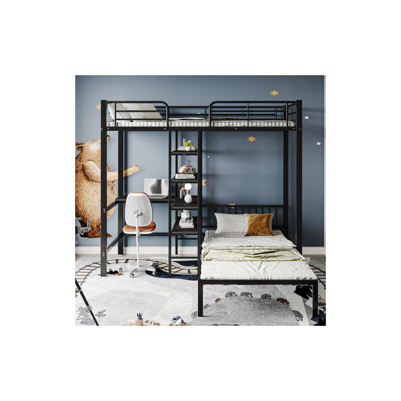 Lit à cadre en fer, lits superposés avec table et étagères, idéal pour les enfants et les adolescents, avec échelle à angle droit de cinq étages, lit