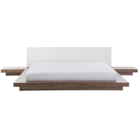 Lit à Eau Moderne Futon Double 180 x 200 cm avec Tables d'Appoint Tête de Lit Similicuir MDF Bois de Frêne Marron Zen