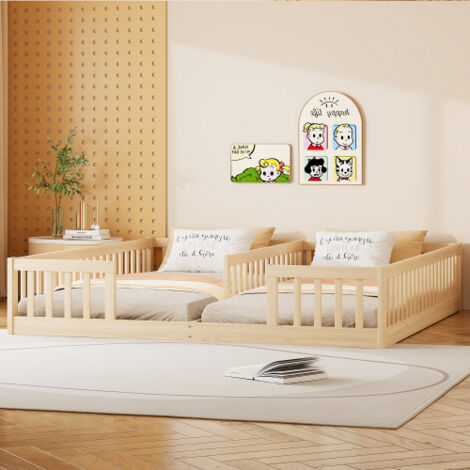 Lit à panneaux, 90 x 200 cm, lit enfant avec barrière de sécurité et sommier à lattes (matelas non inclus), pour deux enfants, en pin, style minimaliste, naturel.