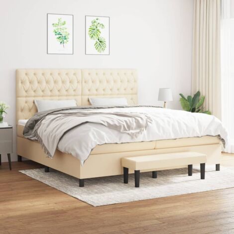 Lit à sommier tapissier avec matelas, Lit adulte pour 2 personnes Assemblage Facile, Crème 200x200 cm Tissu OIB2498E