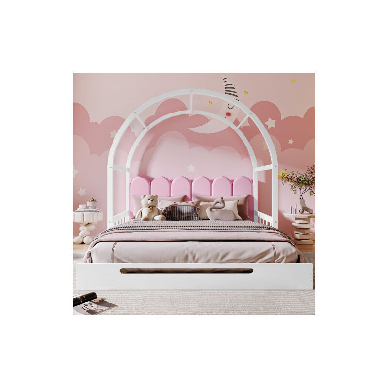 Lit à toit arqué extensible, lit coulissant, lit pour enfant, lit de repos, lit double, coussin en velours, cadre en bois de pin, blanc + rose (140 x