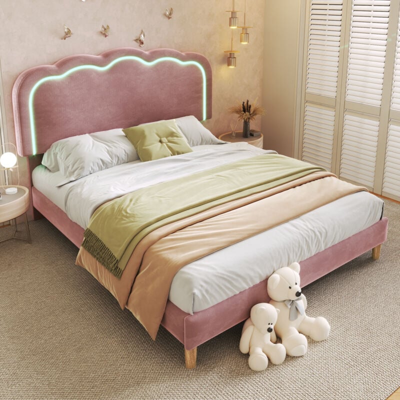 Hauss Spole - Lit enfant 140 x 200 cm, lit adulte avec bande LED,tête de lit réglable, velours, rose, sans matelas