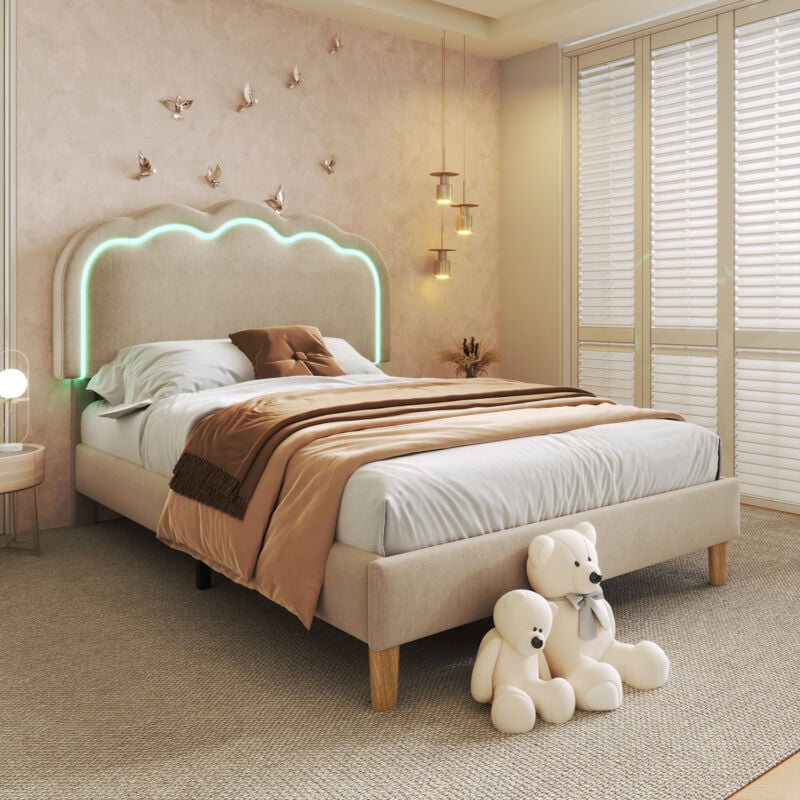 Hauss Spole - Lit enfant 90 x 200 cm, lit adulte avec bande LED,tête de lit réglable, lin, beige, sans matelas