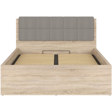 Lit adule 140x200 avec tête de lit capitonnée beige,sommier et rangement, coloris chêne Sonoma - Longueur 204,5 x Profondeur 149 x Hauteur 95/40,5 cm