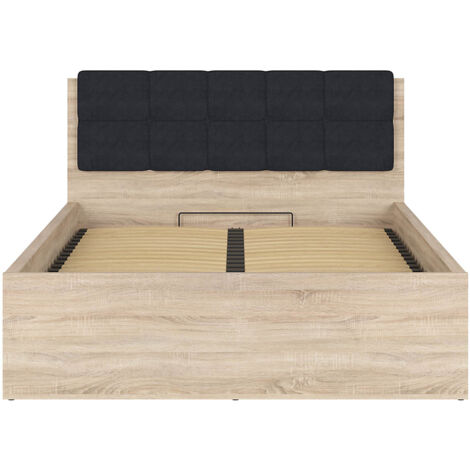 Lit adule 140x200 avec tête de lit capitonnée noir,sommier et rangement, coloris chêne Sonoma - Longueur 204,5 x Profondeur 149 x Hauteur 95/40,5 cm