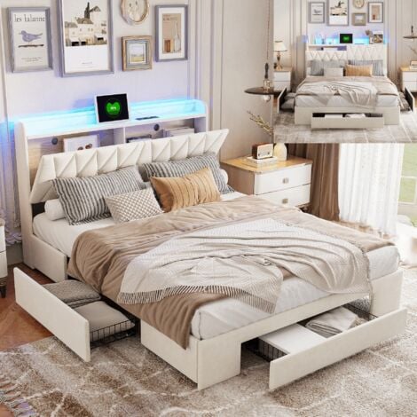 PERGAR Lit adult 140x190 avec tiroirs,lit 140x190,lit capitonné,avec rangement tête de lit, tête de lit ouverte,chargement USB,LED réglable,velours,beige