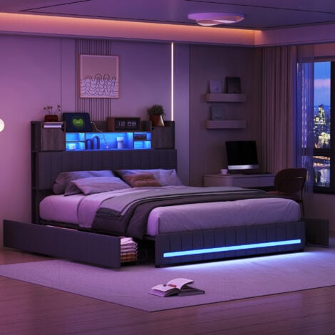 PERGAR Lit adult 140x190 avec tiroirs,lit 140x190,lit double capitonné,avec chargement USB,LED réglable,lin,gris