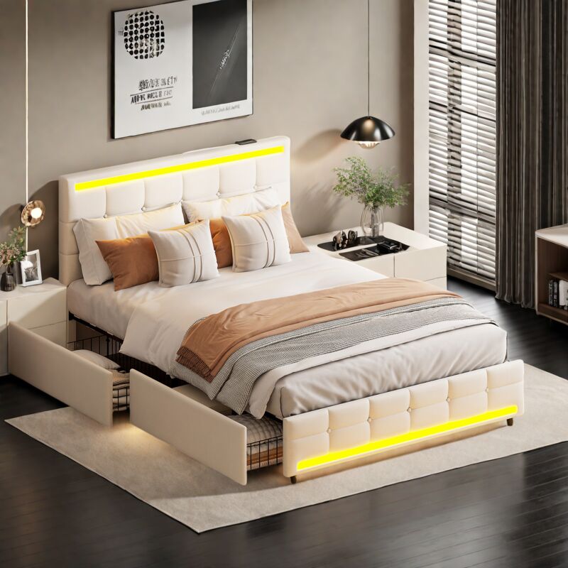 Lit adult 140x200, lit 140x200 avec 4 tirtors, lit double capitonne avec rangement, lit tiroir avec led réglable et chargement usb, sommier à lattes,
