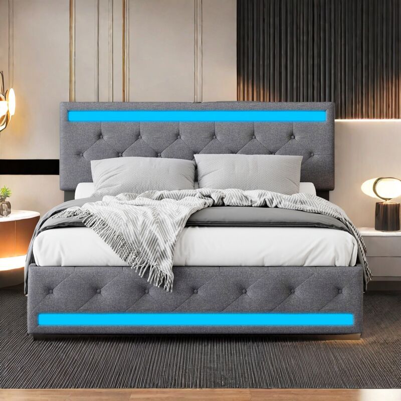 Lit adult 160x200, lit double avec 4 tiroirs de rangement, sommier à lattes, éclairage led, tissu en lin, Tête de Lit Rembourrée Ajustable, port de