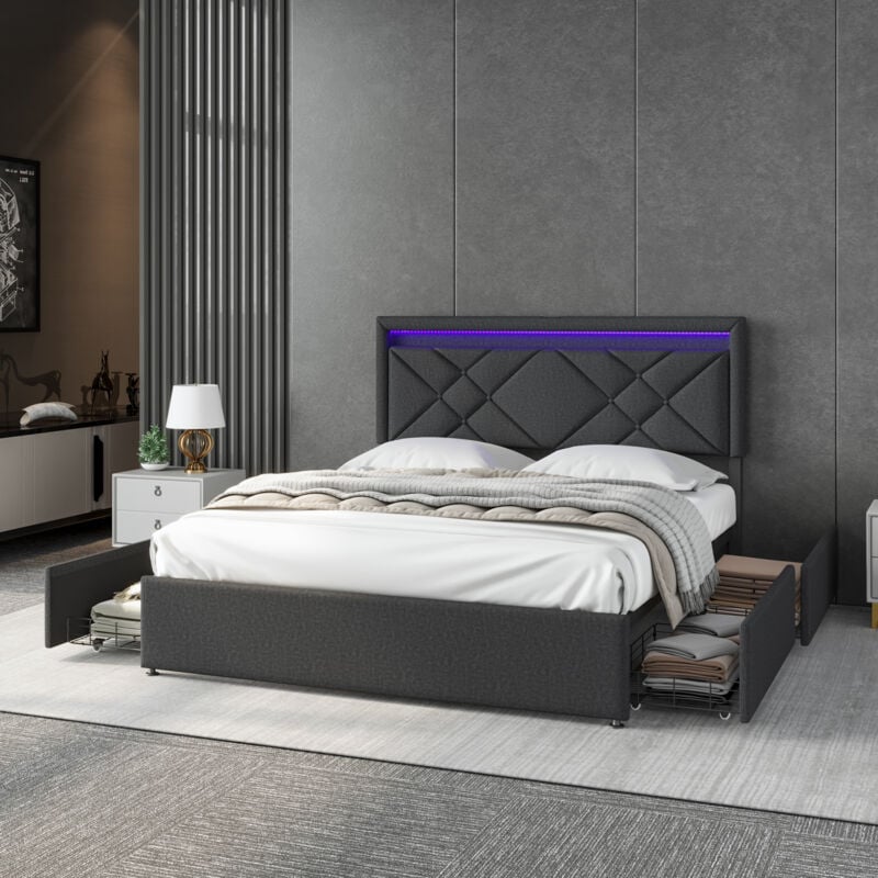 Sunfecili - Lit adult 160x200,lit 160x200 avec quatre tirtors,lit capitonné double avec led réglable et chargement USB,Tête de lit réglable en