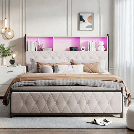 Lit Adult 180 x 200 avec 4 Tiroirs, Lit Double Rembourré avec Ports USB et Éclairage LED, Tete de Lit avec Rangement, Lits 2 Personnes avec Sommier à Lattes, Velours, Beige